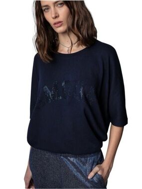 Zadig & Voltaire Portland Navy Embellished 'AMOUR' Crystal Sweatshirt